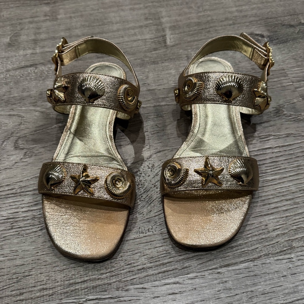 LARROUDE PREOWNED MADISON GOLD LEATHER SHELL SANDALS 6 ANTHROPOLOGIE - Picture 5 of 16